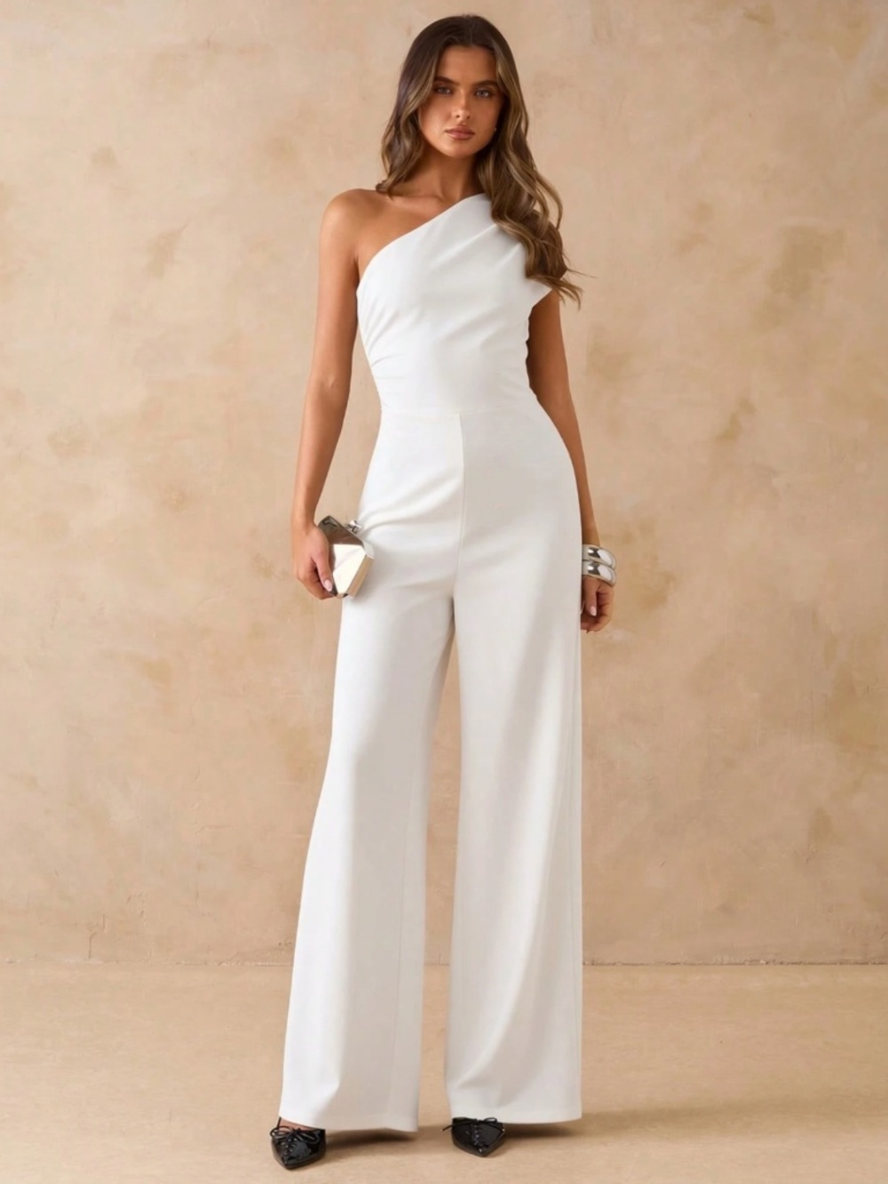 White Wide Pants Jumpsuit One Shoulder, Ruched